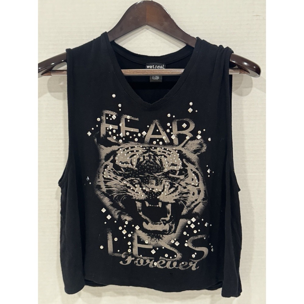 Wet Seal Black Fear Less Forever Tiger Graphic Studded Muscle Tee Tank Large Y2K